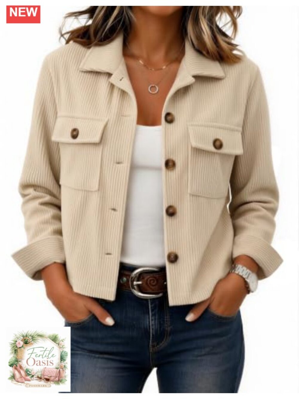Cropped Corduroy Button Down Shacket Long Sleeve Flap Pockets